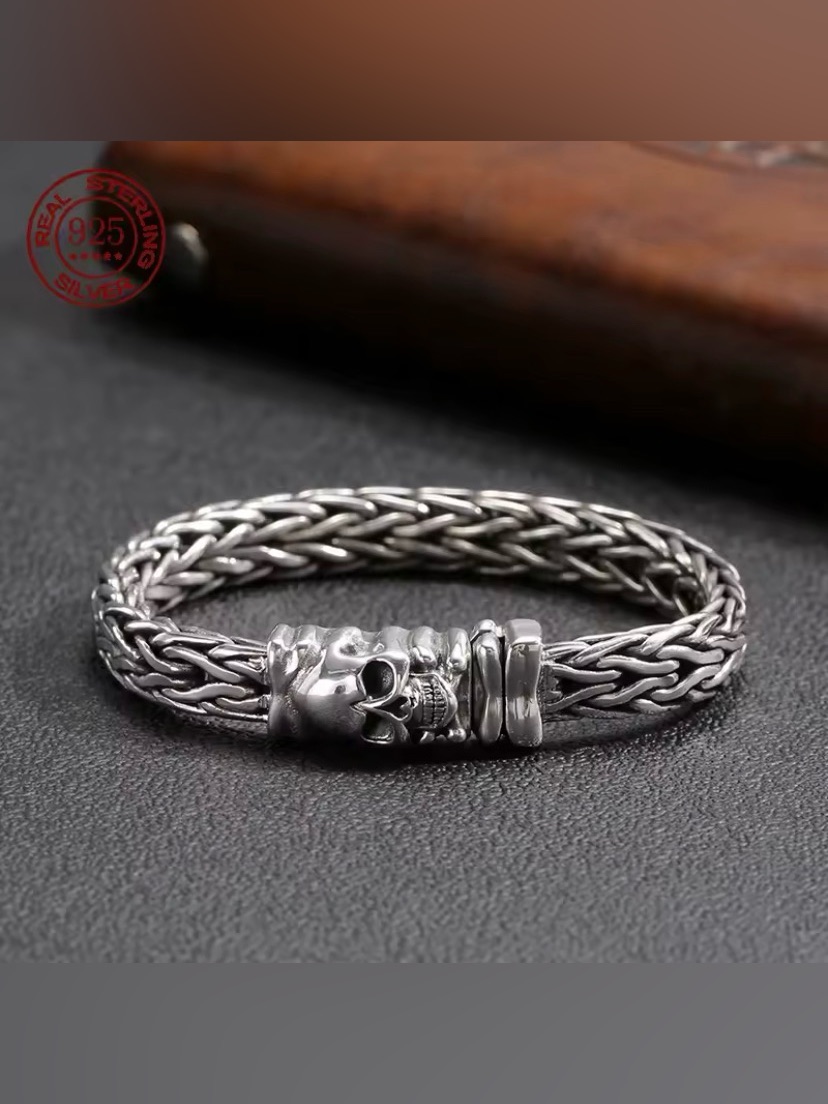 Men’s Real 925 Sterling Silver Bracelet 5mm Bali Wheat Link Chain Skull Clasp